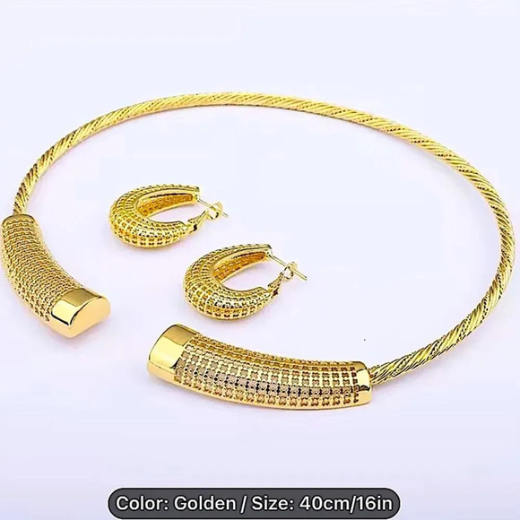 Gold Plated Geometric Necklace Earrings Set - Picture 6 of 8